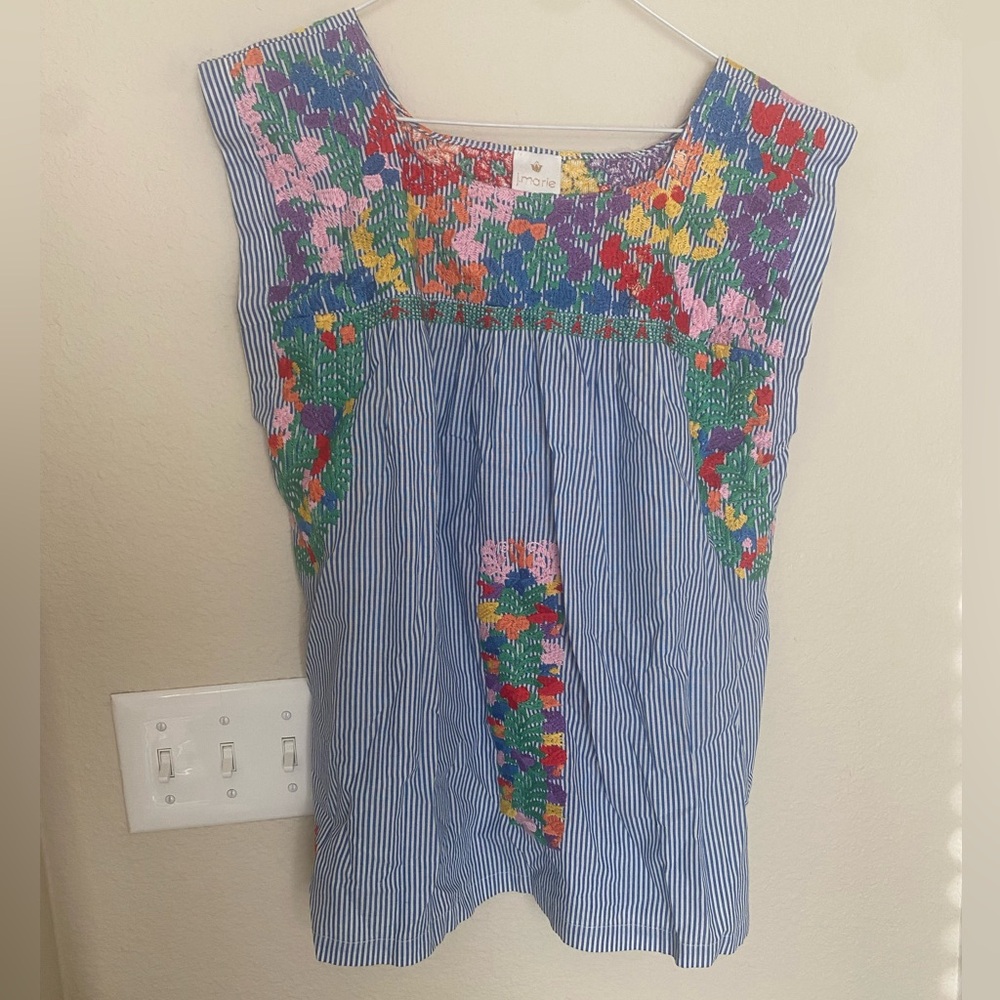 J. Marie Colorful Embroidered Blue Striped Top